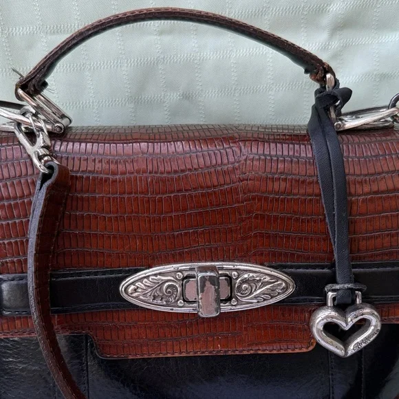 Vintage Black/Brown Brighton Leather Top-Handle Bag with Silver Hardware - Picture 7 of 16